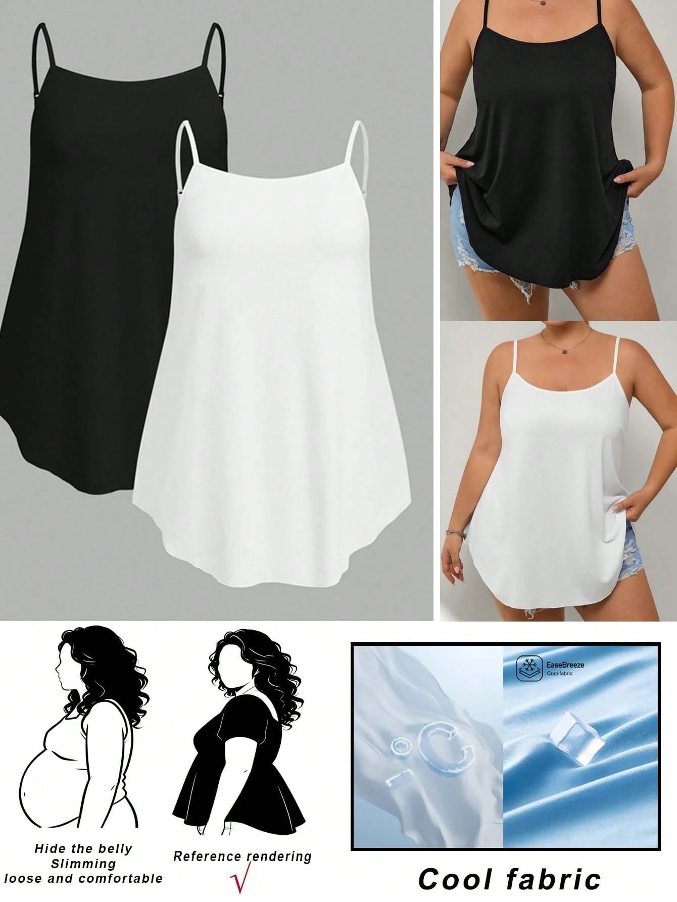 CURVE+ 2pcs Plus Size Black White Babydoll Camisole, Comfortable For Home, Outdoor, Vacation Lounge Office Summer Business Casual