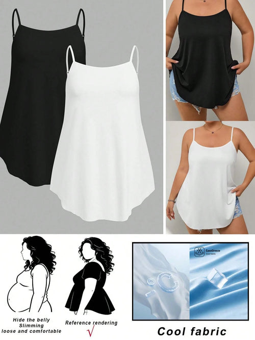 CURVE+ 2pcs Plus Size Black White Babydoll Camisole, Comfortable For Home, Outdoor, Vacation Lounge Office Summer Business Casual