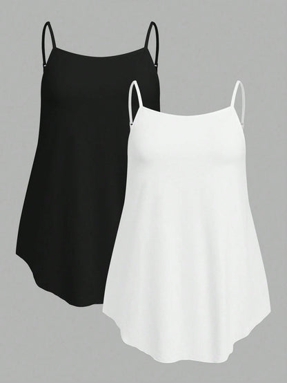 CURVE+ 2pcs Plus Size Black White Babydoll Camisole, Comfortable For Home, Outdoor, Vacation Lounge Office Summer Business Casual