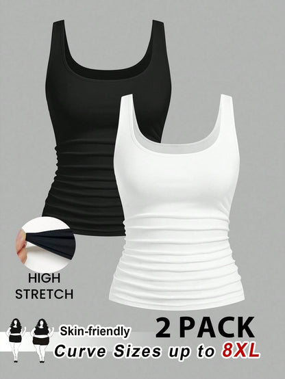 CURVE+ 2pcs Plus Size Women Casual Casual Formal Crew Neck Ruched Waist Fitted Tank Top Set, Versatile For Daily Wear Evening Black White Summer