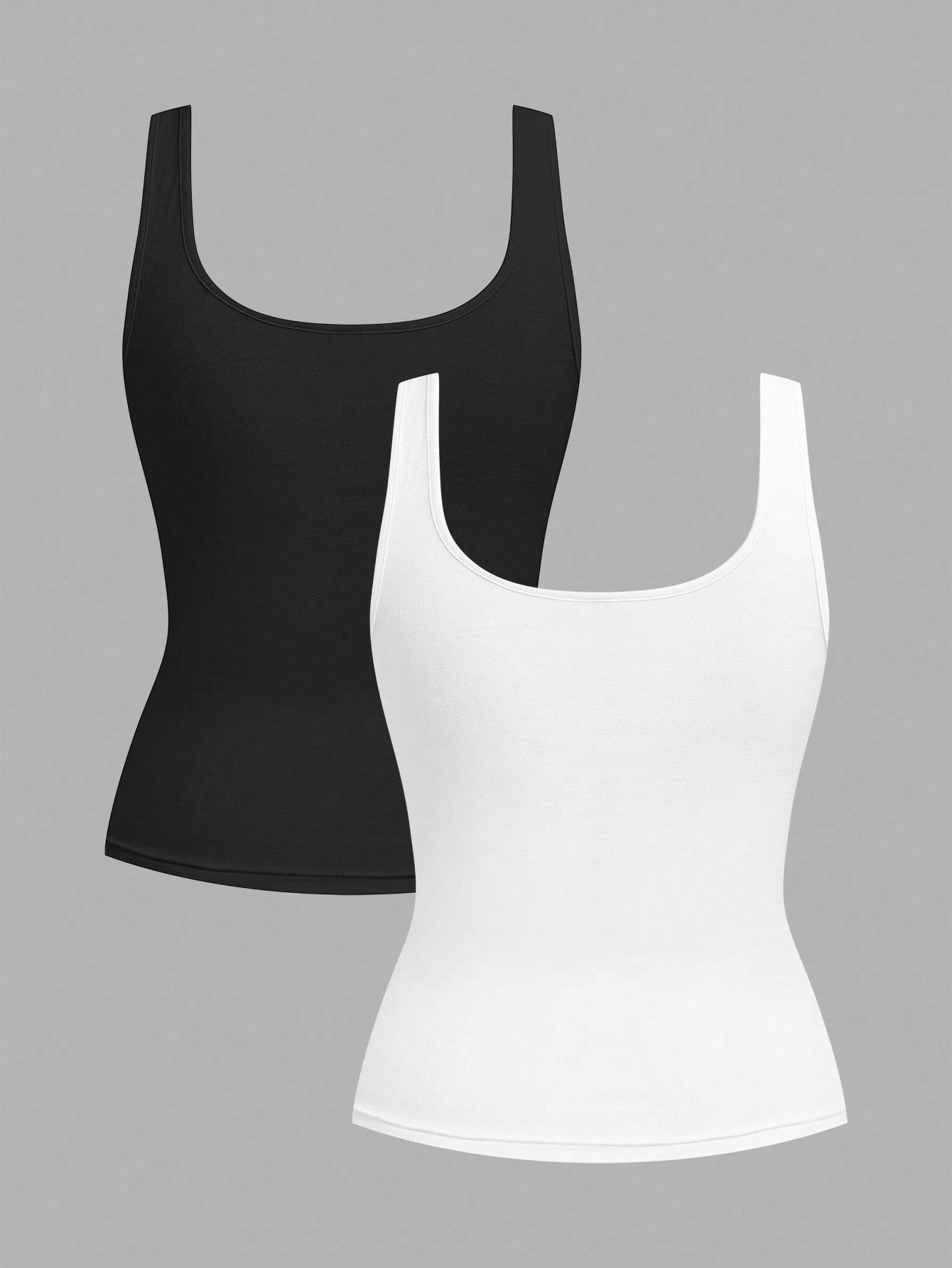 CURVE+ 2pcs Plus Size Women Casual Casual Formal Crew Neck Ruched Waist Fitted Tank Top Set, Versatile For Daily Wear Evening Black White Summer
