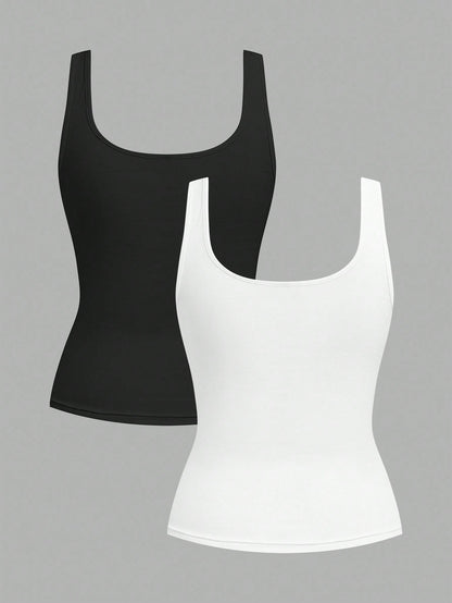 CURVE+ 2pcs Plus Size Women Casual Casual Formal Crew Neck Ruched Waist Fitted Tank Top Set, Versatile For Daily Wear Evening Black White Summer