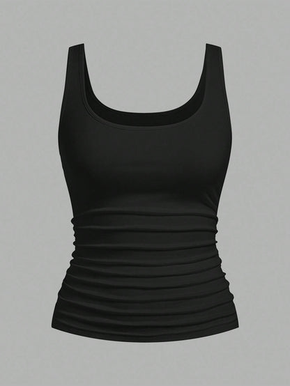 CURVE+ 2pcs Plus Size Women Casual Casual Formal Crew Neck Ruched Waist Fitted Tank Top Set, Versatile For Daily Wear Evening Black White Summer