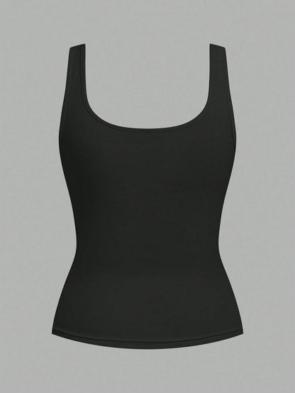 CURVE+ 2pcs Plus Size Women Casual Casual Formal Crew Neck Ruched Waist Fitted Tank Top Set, Versatile For Daily Wear Evening Black White Summer