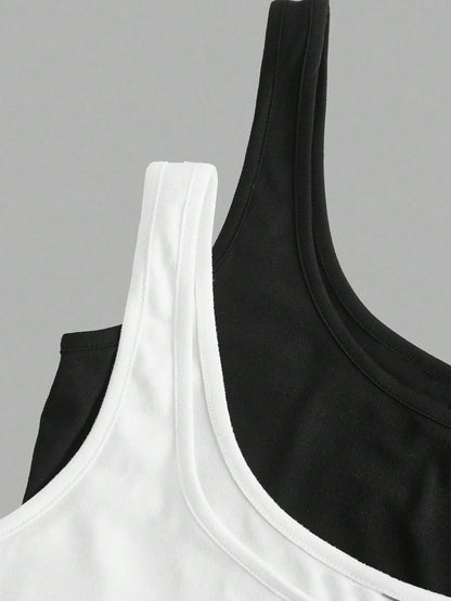 CURVE+ 2pcs Plus Size Women Casual Casual Formal Crew Neck Ruched Waist Fitted Tank Top Set, Versatile For Daily Wear Evening Black White Summer