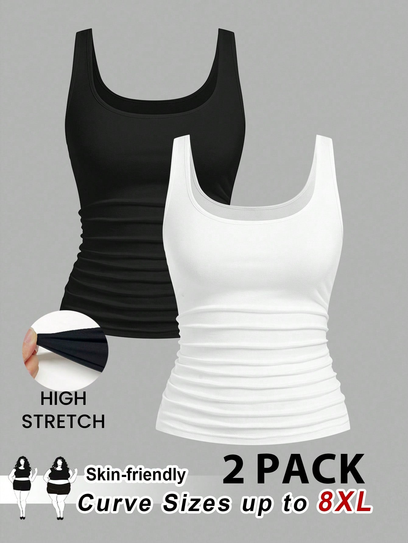 CURVE+ 2pcs Plus Size Women Casual Casual Formal Crew Neck Ruched Waist Fitted Tank Top Set, Versatile For Daily Wear Evening Black White Summer