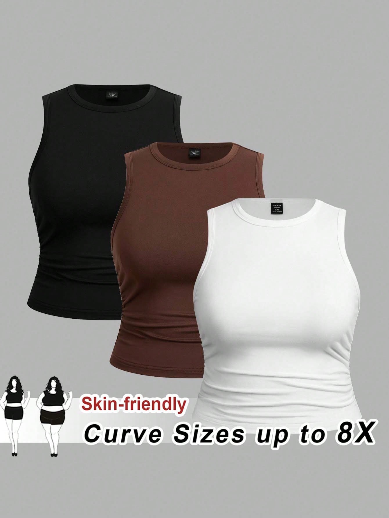 CURVE+ 3pcs Women Plus Size Solid Color Casual Round Neck Camisole Tank Top Set, Suitable For All Seasons Formal Black Chocolate Brown White Summer