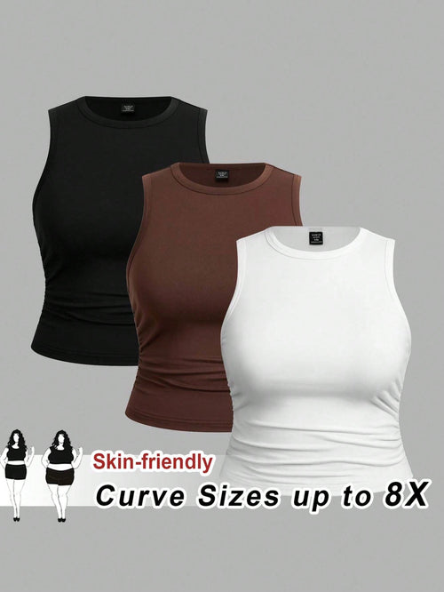 CURVE+ 3pcs Women Plus Size Solid Color Casual Round Neck Camisole Tank Top Set, Suitable For All Seasons Formal Black Chocolate Brown White Summer