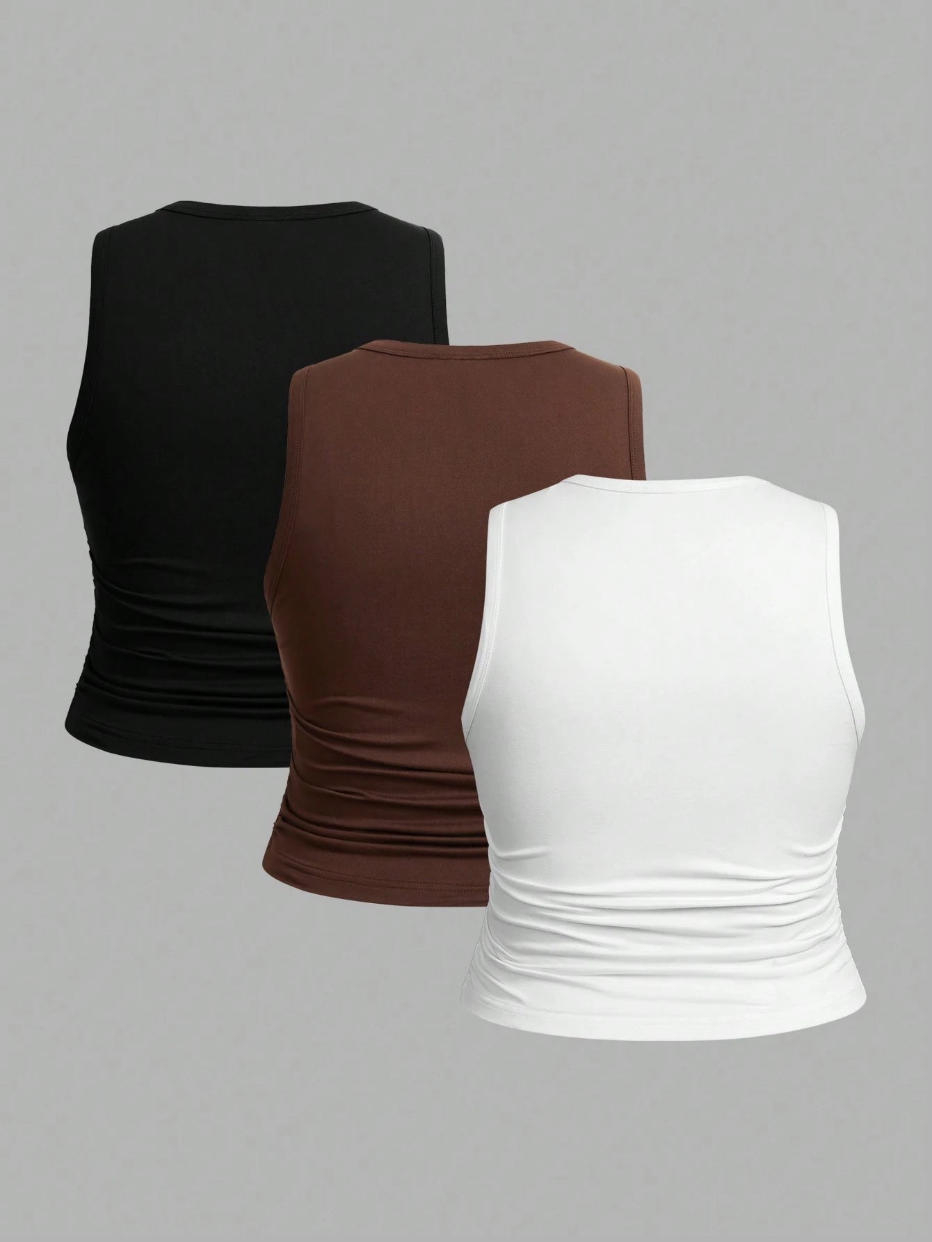 CURVE+ 3pcs Women Plus Size Solid Color Casual Round Neck Camisole Tank Top Set, Suitable For All Seasons Formal Black Chocolate Brown White Summer
