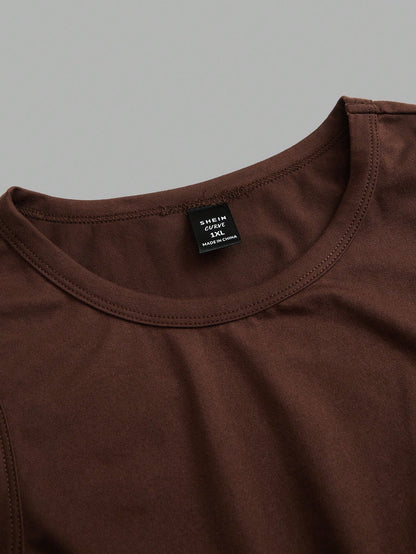 CURVE+ 3pcs Women Plus Size Solid Color Casual Round Neck Camisole Tank Top Set, Suitable For All Seasons Formal Black Chocolate Brown White Summer