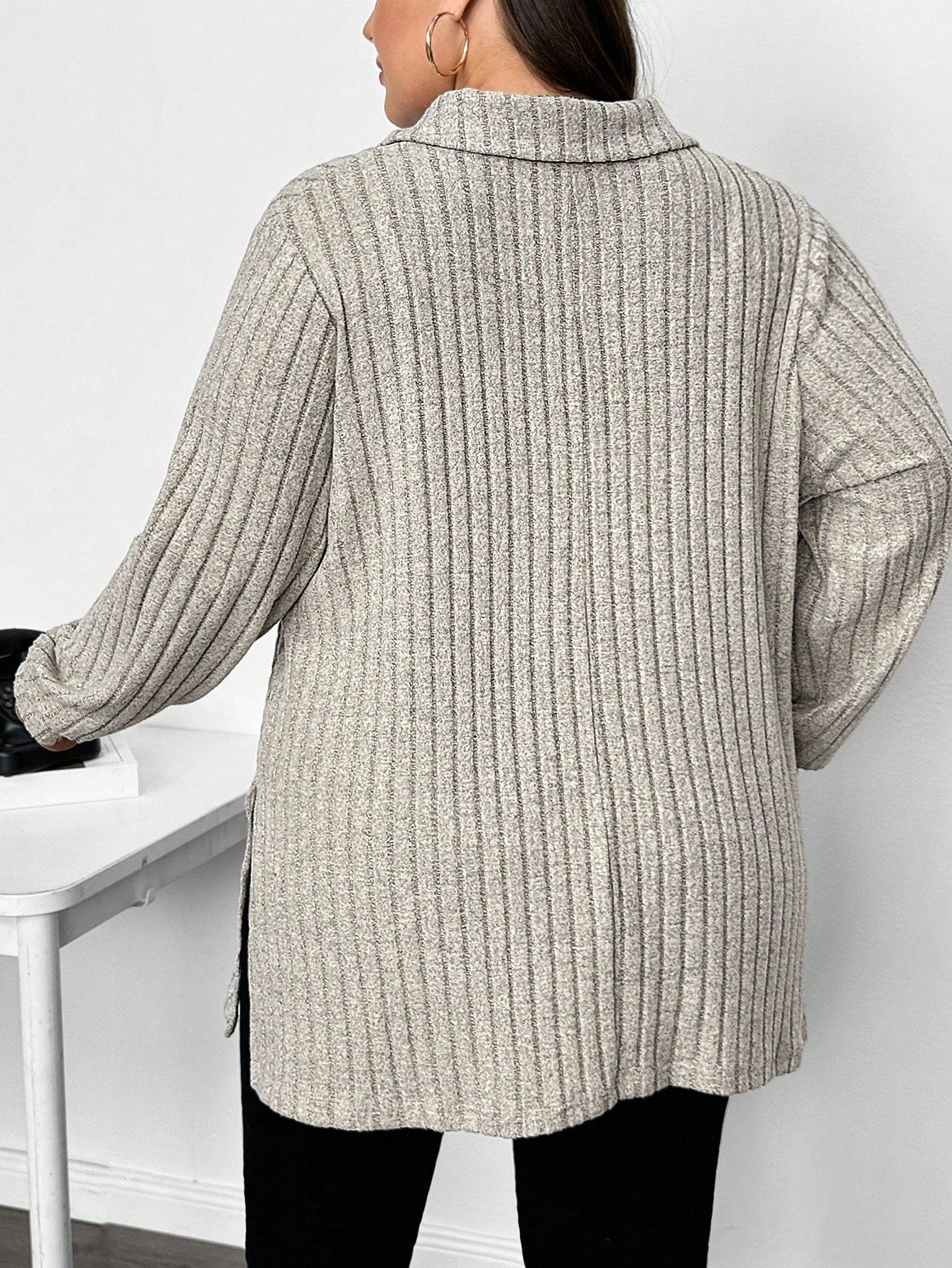 CURVE+ Autumn Winter Fuzzy Ribbed Polo Neck Long Sleeve Long T-Shirt Autumn Winter Fall, 2026 22W Plus Size