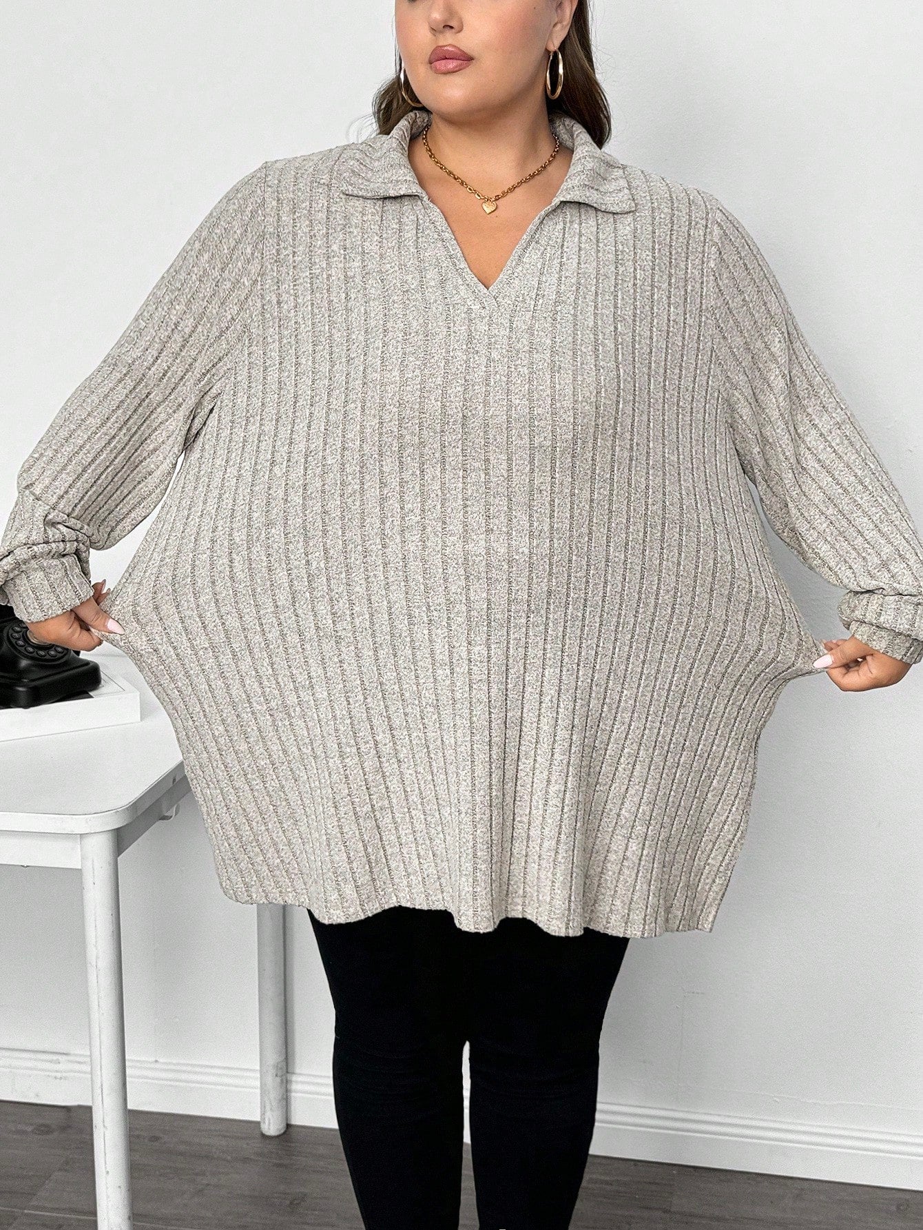 CURVE+ Autumn Winter Fuzzy Ribbed Polo Neck Long Sleeve Long T-Shirt Autumn Winter Fall, 2026 22W Plus Size
