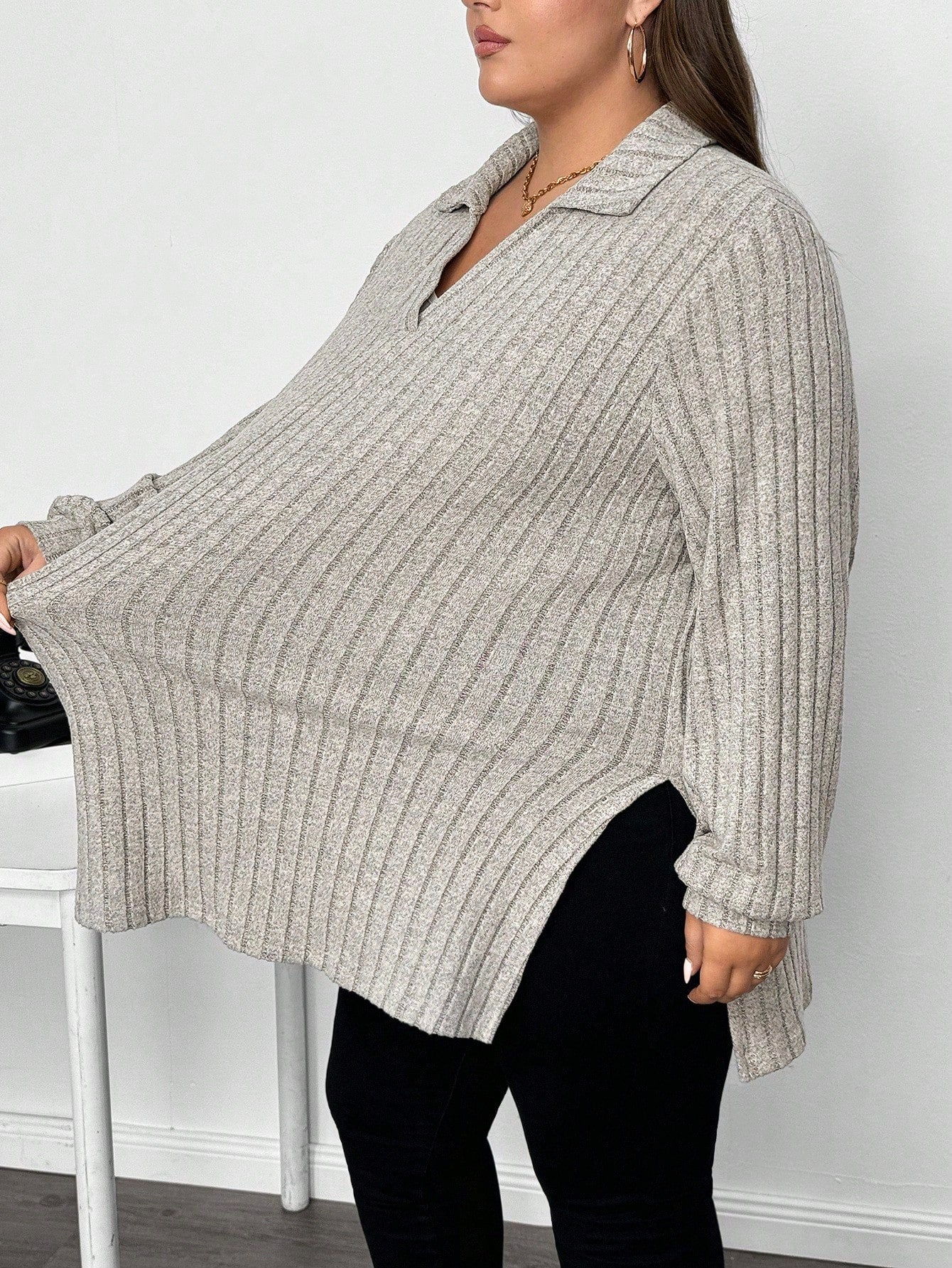 CURVE+ Autumn Winter Fuzzy Ribbed Polo Neck Long Sleeve Long T-Shirt Autumn Winter Fall, 2026 22W Plus Size