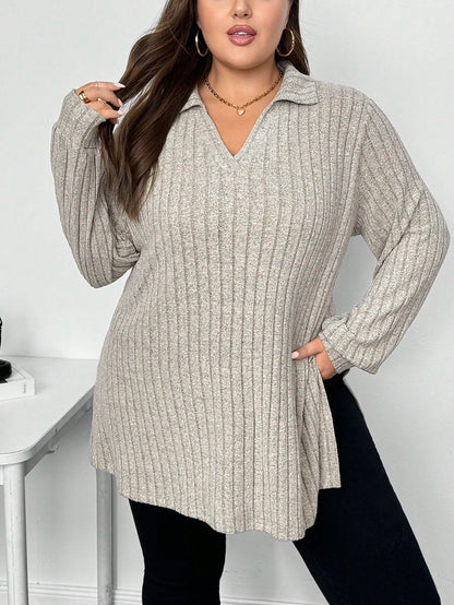 CURVE+ Autumn Winter Fuzzy Ribbed Polo Neck Long Sleeve Long T-Shirt Autumn Winter Fall, 2026 22W Plus Size