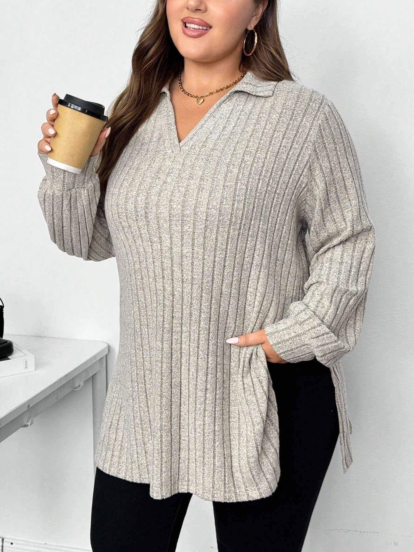 CURVE+ Autumn Winter Fuzzy Ribbed Polo Neck Long Sleeve Long T-Shirt Autumn Winter Fall, 2026 22W Plus Size