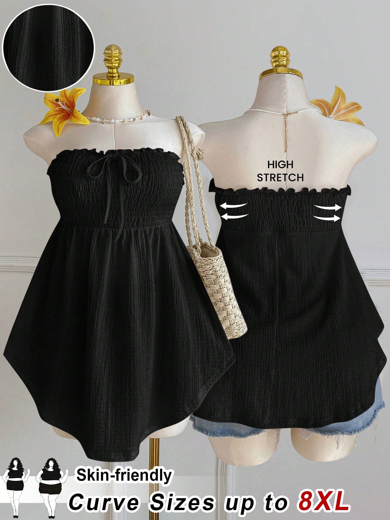 CURVE+ Curve Size US22 Bohemia Black,Sommar,Smart Casual,Beach,Holiday Music Festival Seaside Asymmetric Hem Lace Trim Sleeveless Tie Neck Ruffle Blouse