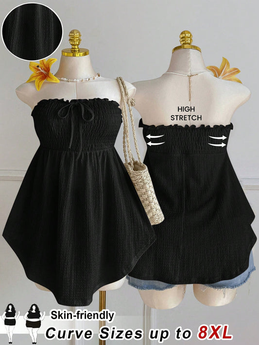 CURVE+ Curve Size US22 Bohemia Black,Sommar,Smart Casual,Beach,Holiday Music Festival Seaside Asymmetric Hem Lace Trim Sleeveless Tie Neck Ruffle Blouse