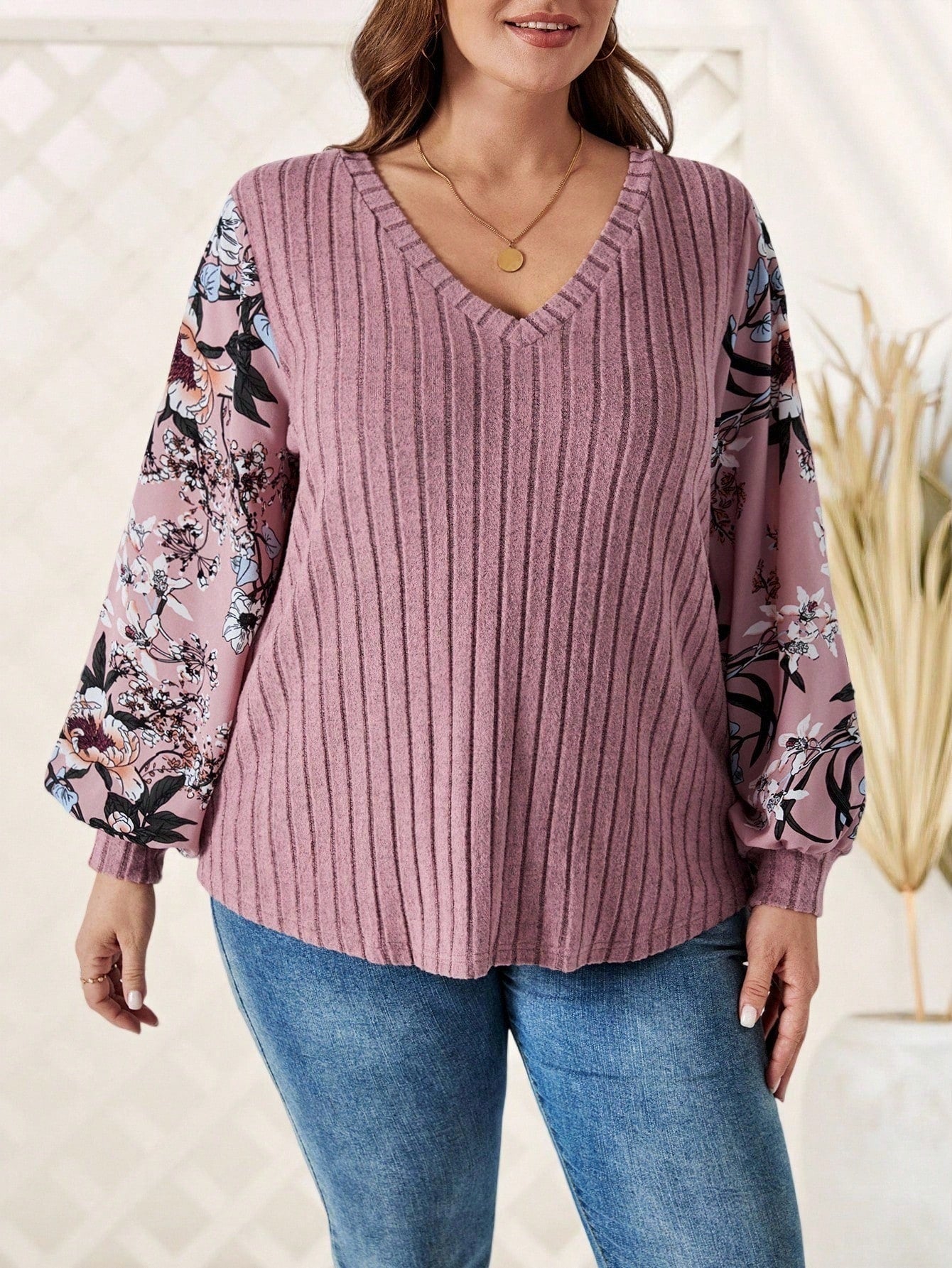 CURVE+ Plus Floral Print Lantern Sleeve Tee Fall