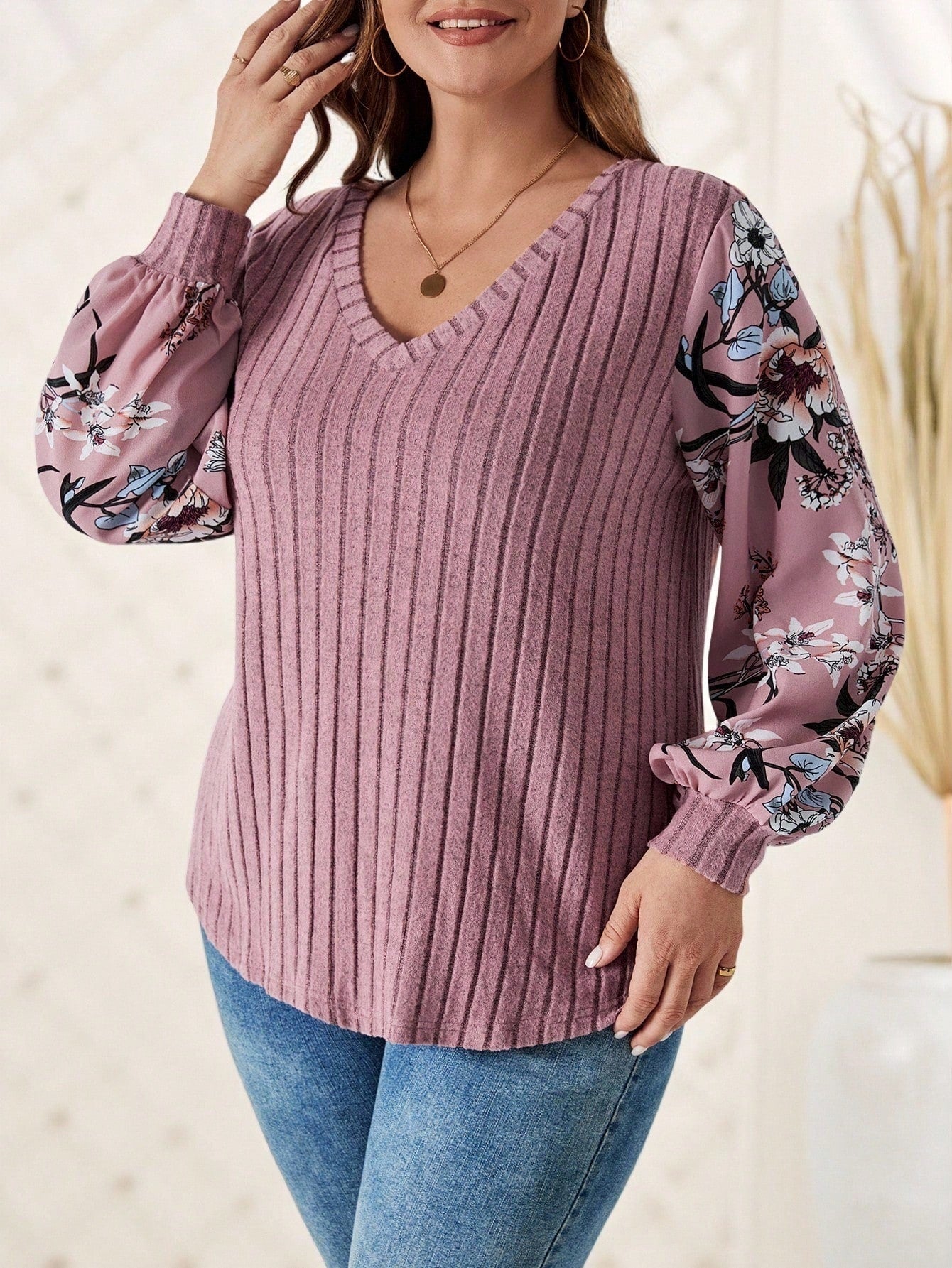 CURVE+ Plus Floral Print Lantern Sleeve Tee Fall
