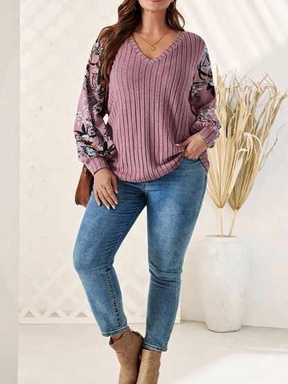 CURVE+ Plus Floral Print Lantern Sleeve Tee Fall