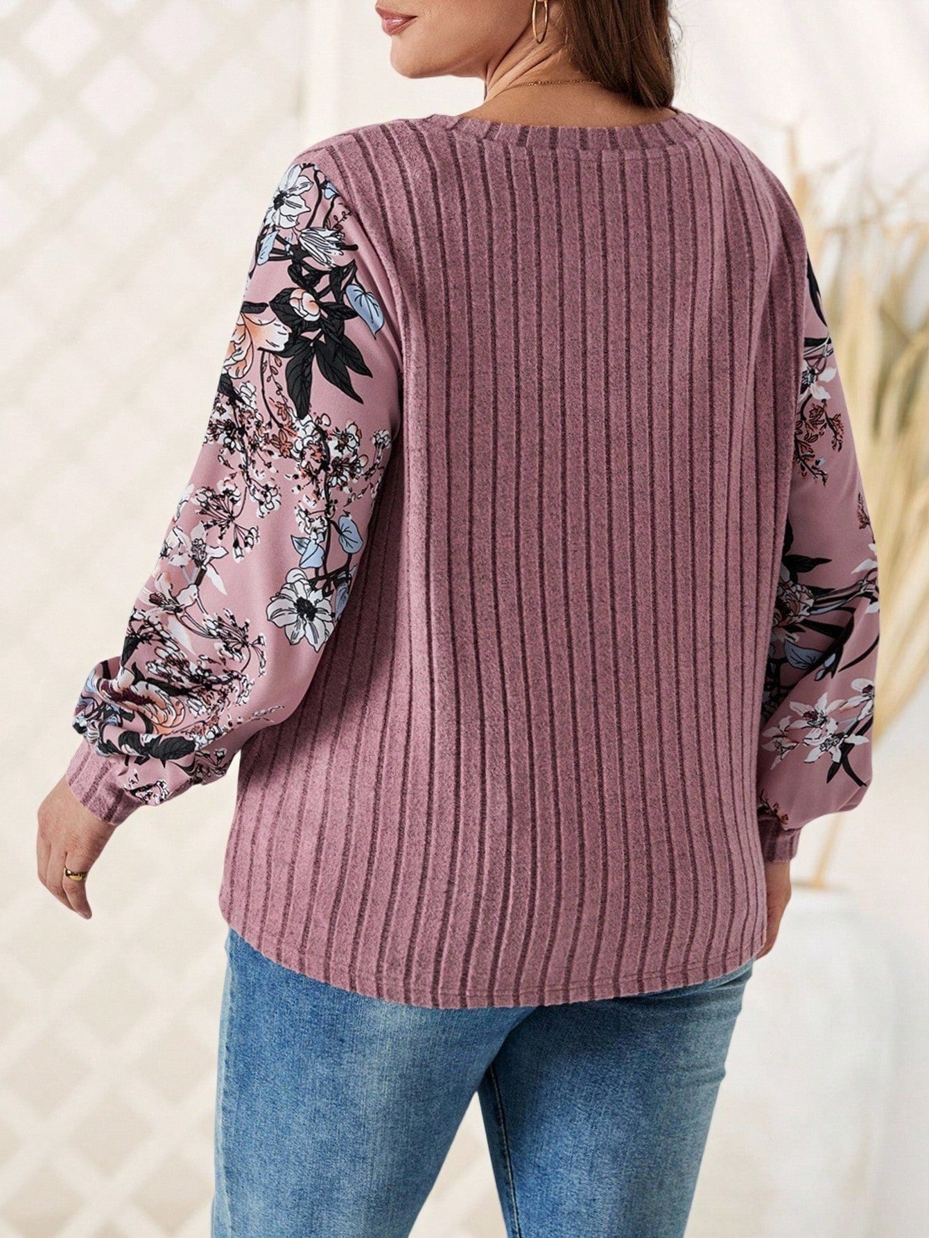 CURVE+ Plus Floral Print Lantern Sleeve Tee Fall