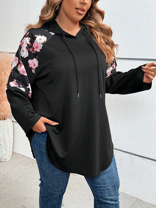 CURVE+ Plus Floral Print Raglan Sleeve Drawstring Hoodie Fall