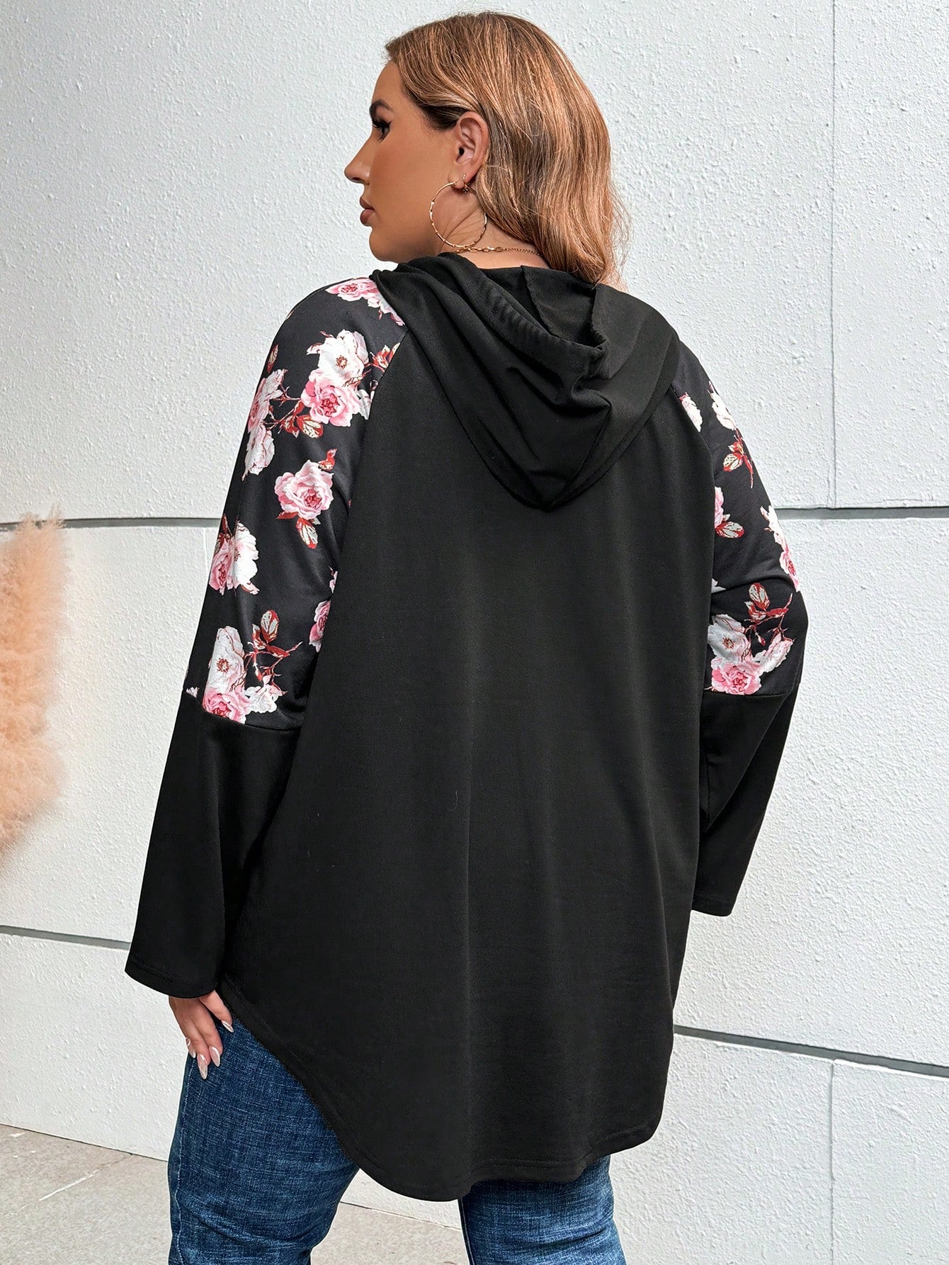 CURVE+ Plus Floral Print Raglan Sleeve Drawstring Hoodie Fall