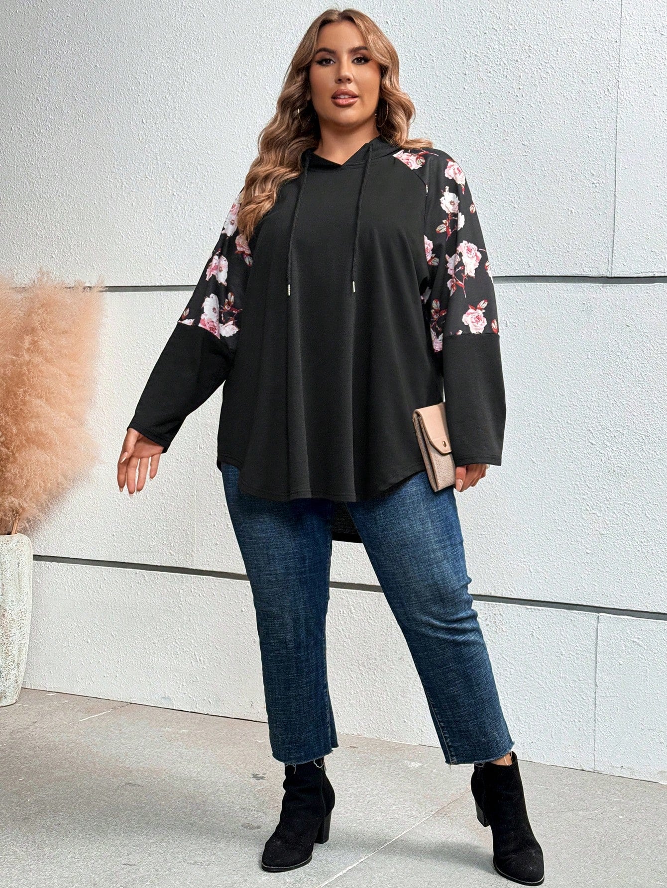 CURVE+ Plus Floral Print Raglan Sleeve Drawstring Hoodie Fall