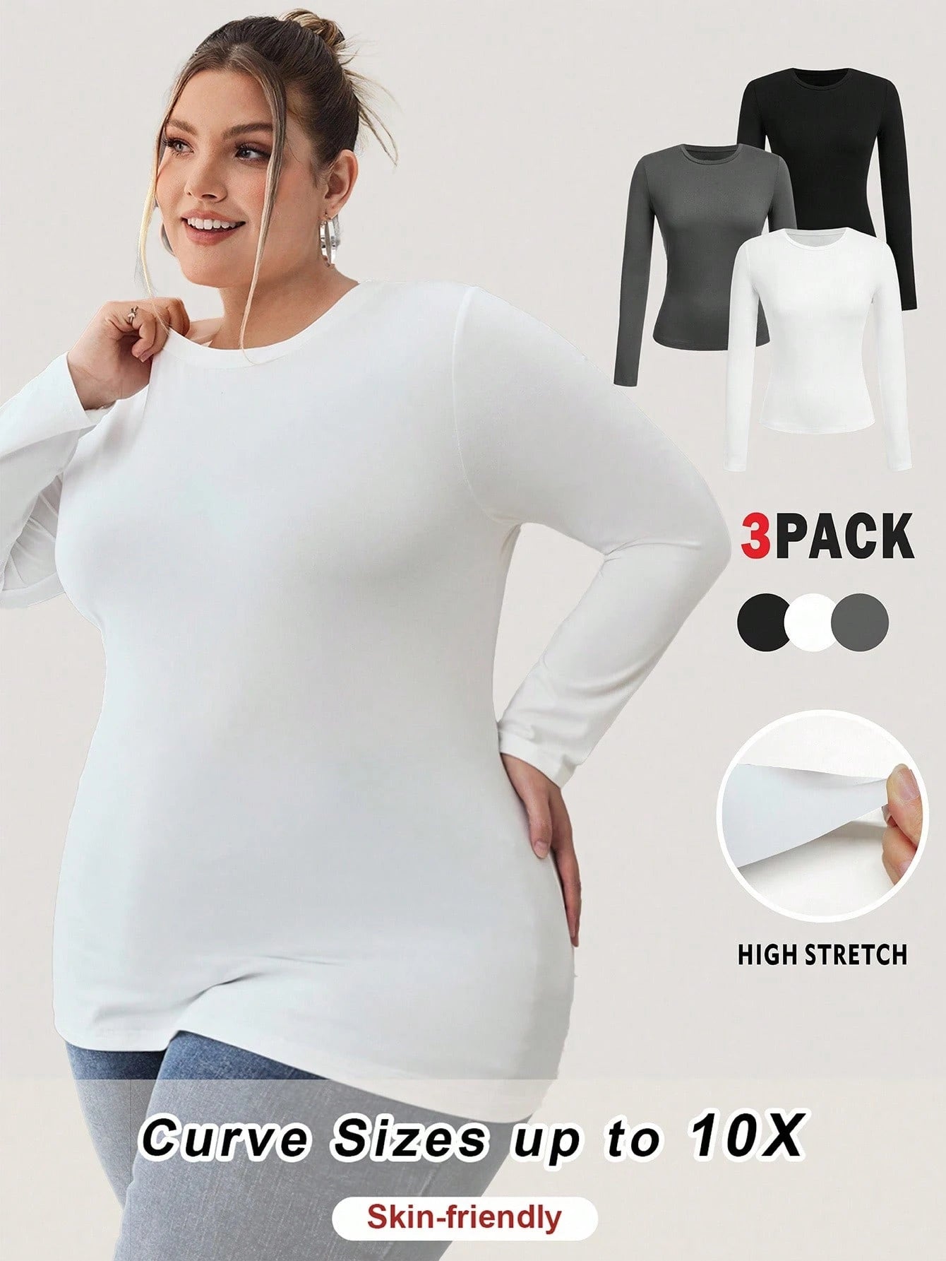 CURVE+ Plus Size 3pcs Women's Solid Round Neck Casual Fitted Long Sleeve T-Shirt Set, Suitable For Spring, Autumn And Winter Fall