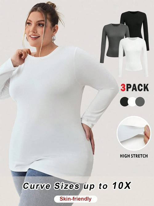 CURVE+ Plus Size 3pcs Women's Solid Round Neck Casual Fitted Long Sleeve T-Shirt Set, Suitable For Spring, Autumn And Winter Fall