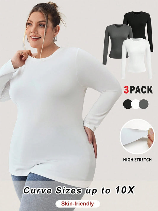 CURVE+ Plus Size 3pcs Women's Solid Round Neck Casual Fitted Long Sleeve T-Shirt Set, Suitable For Spring, Autumn And Winter Fall