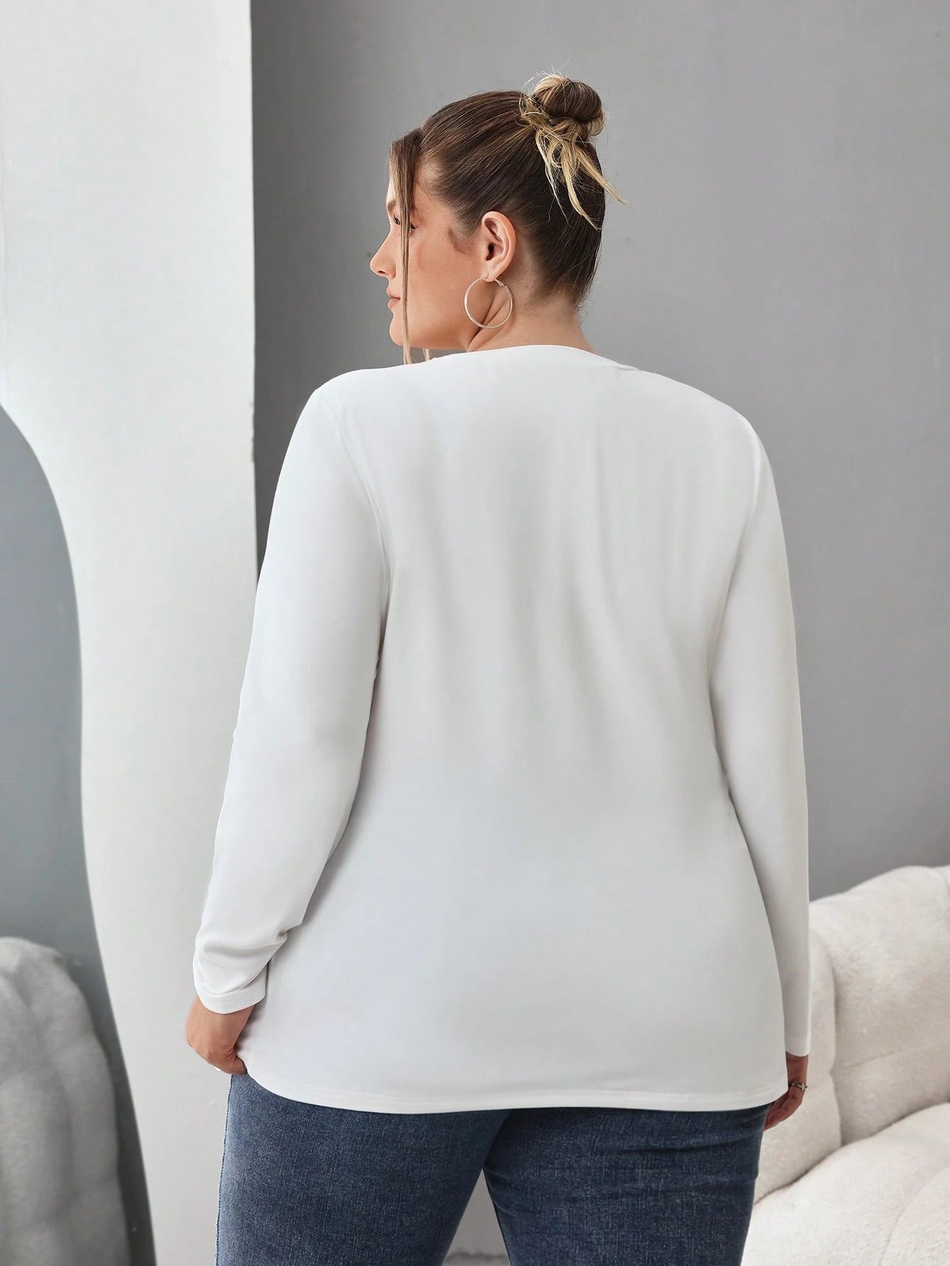 CURVE+ Plus Size 3pcs Women's Solid Round Neck Casual Fitted Long Sleeve T-Shirt Set, Suitable For Spring, Autumn And Winter Fall