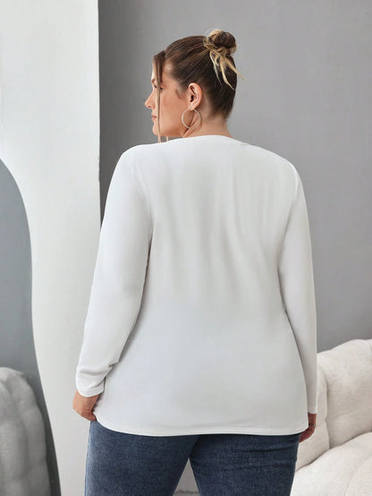 CURVE+ Plus Size 3pcs Women's Solid Round Neck Casual Fitted Long Sleeve T-Shirt Set, Suitable For Spring, Autumn And Winter Fall