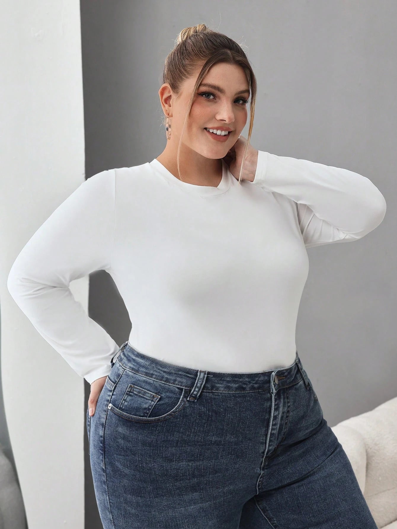 CURVE+ Plus Size 3pcs Women's Solid Round Neck Casual Fitted Long Sleeve T-Shirt Set, Suitable For Spring, Autumn And Winter Fall