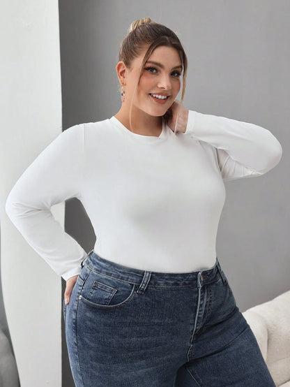 CURVE+ Plus Size 3pcs Women's Solid Round Neck Casual Fitted Long Sleeve T-Shirt Set, Suitable For Spring, Autumn And Winter Fall