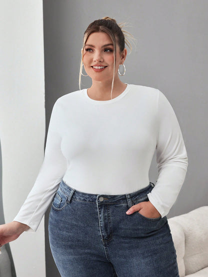 CURVE+ Plus Size 3pcs Women's Solid Round Neck Casual Fitted Long Sleeve T-Shirt Set, Suitable For Spring, Autumn And Winter Fall