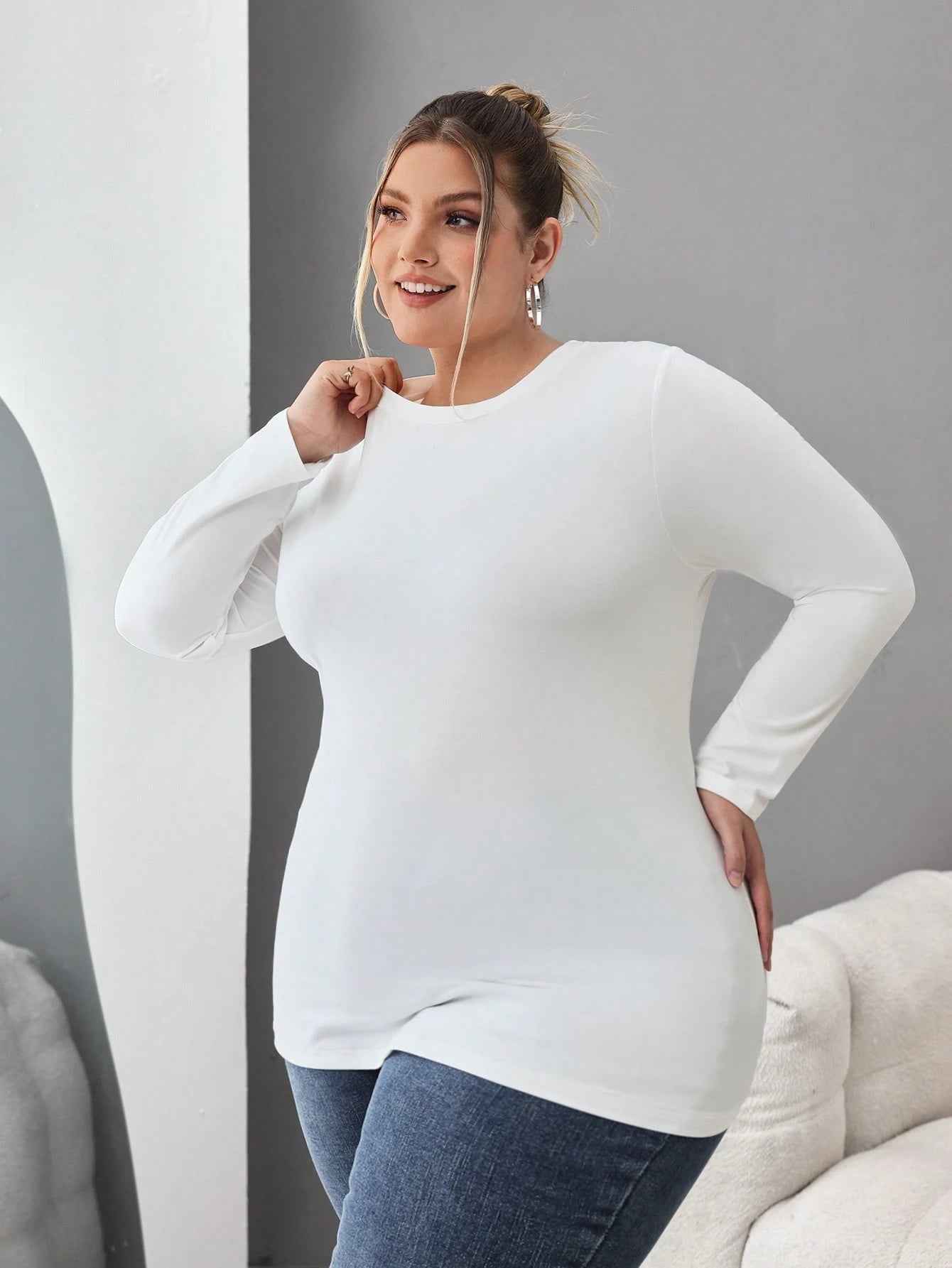 CURVE+ Plus Size 3pcs Women's Solid Round Neck Casual Fitted Long Sleeve T-Shirt Set, Suitable For Spring, Autumn And Winter Fall