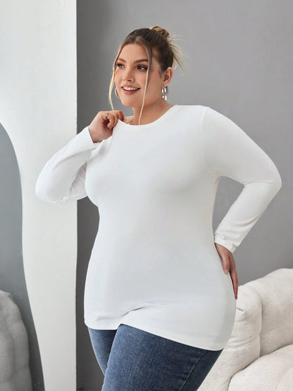 CURVE+ Plus Size 3pcs Women's Solid Round Neck Casual Fitted Long Sleeve T-Shirt Set, Suitable For Spring, Autumn And Winter Fall