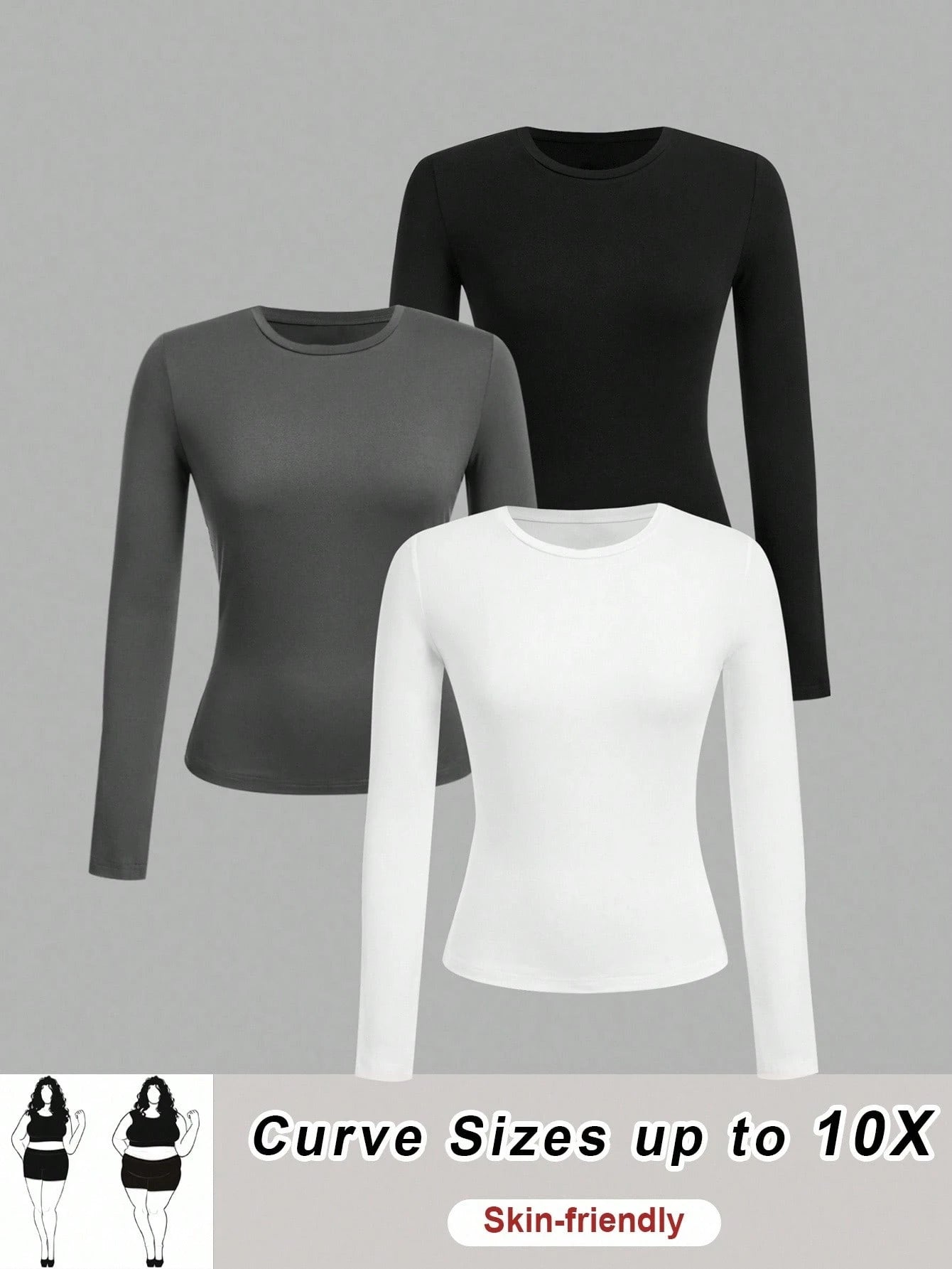 CURVE+ Plus Size 3pcs Women's Solid Round Neck Casual Fitted Long Sleeve T-Shirt Set, Suitable For Spring, Autumn And Winter Fall