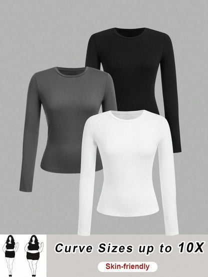 CURVE+ Plus Size 3pcs Women's Solid Round Neck Casual Fitted Long Sleeve T-Shirt Set, Suitable For Spring, Autumn And Winter Fall