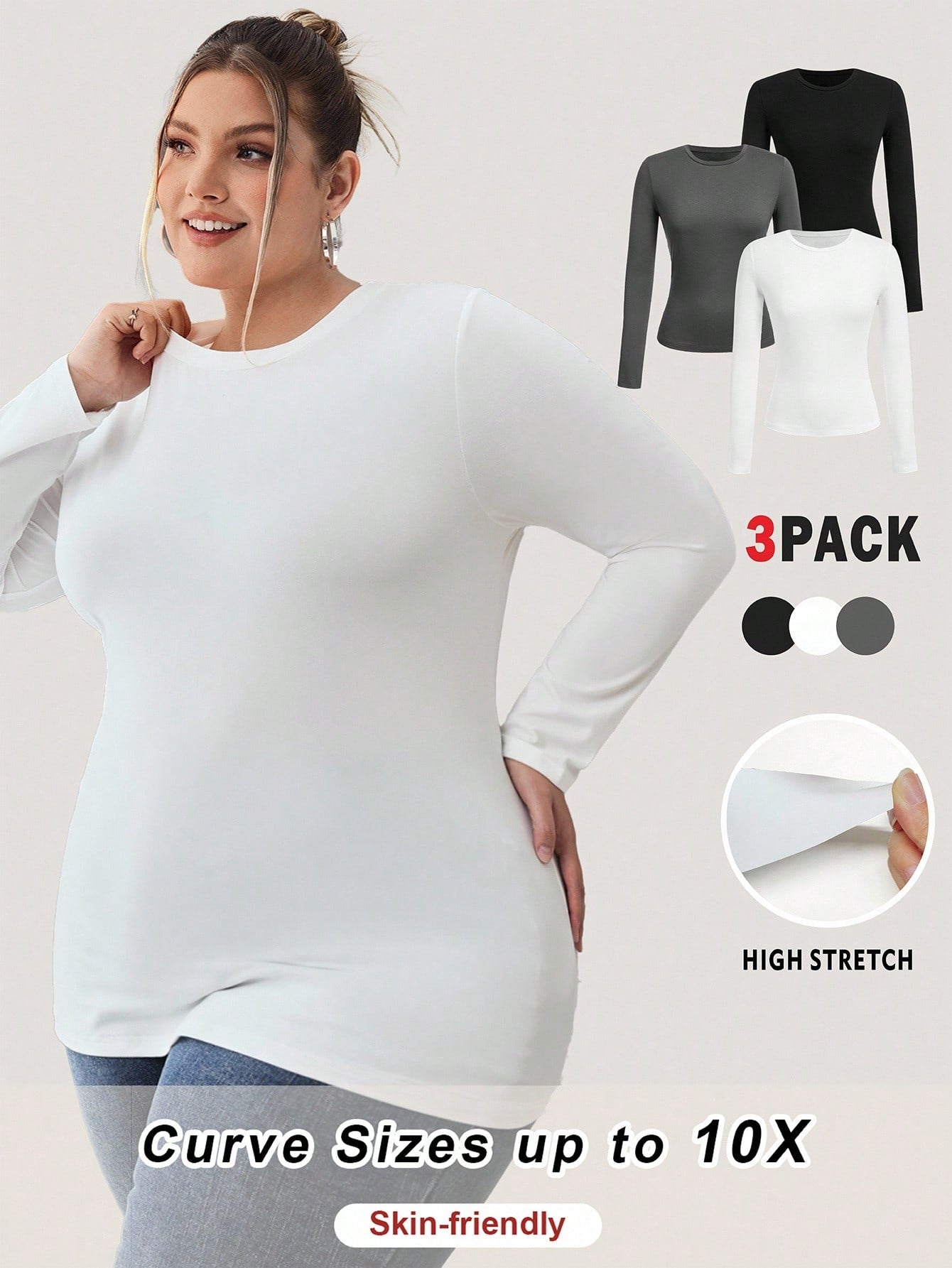 CURVE+ Plus Size 3pcs Women's Solid Round Neck Casual Fitted Long Sleeve T-Shirt Set, Suitable For Spring, Autumn And Winter Fall