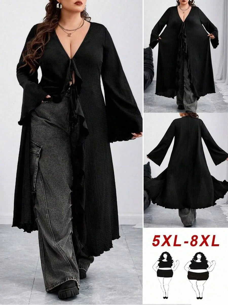 CURVE Plus Size Back To School Women Tie Front Flare Sleeve Knitted Top Black Edgy Black Top Fall,Winter, Halloween