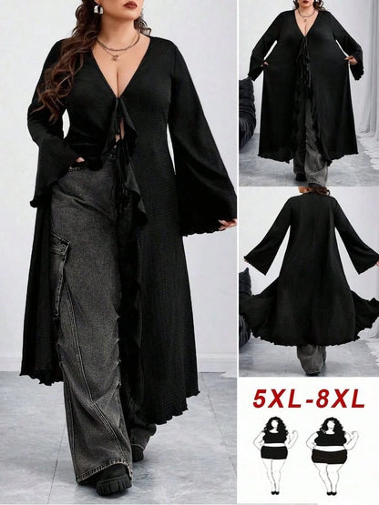 CURVE Plus Size Back To School Women Tie Front Flare Sleeve Knitted Top Black Edgy Black Top Fall,Winter, Halloween