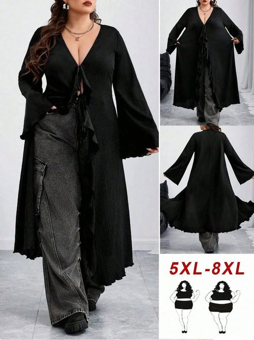 CURVE Plus Size Back To School Women Tie Front Flare Sleeve Knitted Top Black Edgy Black Top Fall,Winter, Halloween