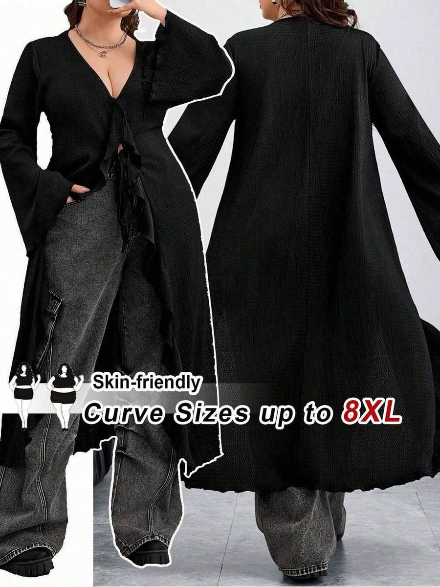 CURVE Plus Size Back To School Women Tie Front Flare Sleeve Knitted Top Black Edgy Black Top Fall,Winter, Halloween