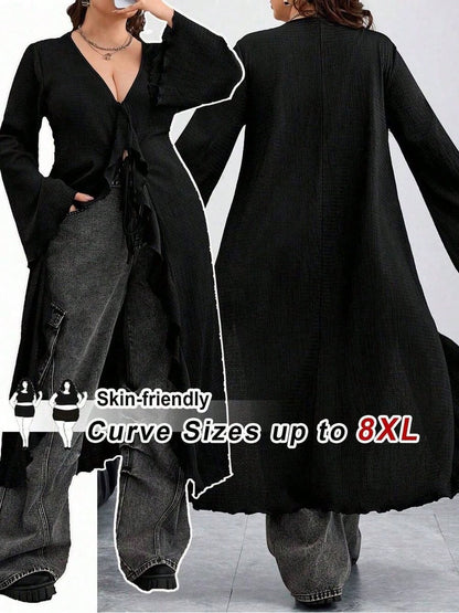 CURVE Plus Size Back To School Women Tie Front Flare Sleeve Knitted Top Black Edgy Black Top Fall,Winter, Halloween