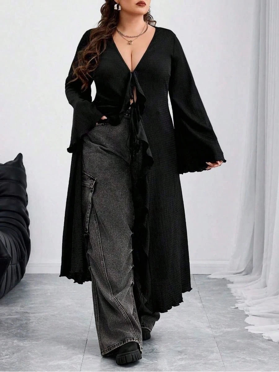 CURVE Plus Size Back To School Women Tie Front Flare Sleeve Knitted Top Black Edgy Black Top Fall,Winter, Halloween