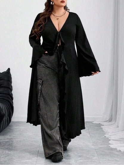 CURVE Plus Size Back To School Women Tie Front Flare Sleeve Knitted Top Black Edgy Black Top Fall,Winter, Halloween