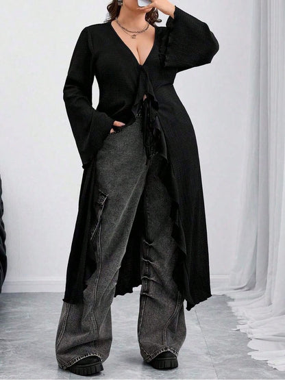 CURVE Plus Size Back To School Women Tie Front Flare Sleeve Knitted Top Black Edgy Black Top Fall,Winter, Halloween