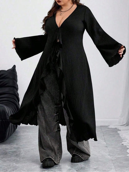 CURVE Plus Size Back To School Women Tie Front Flare Sleeve Knitted Top Black Edgy Black Top Fall,Winter, Halloween
